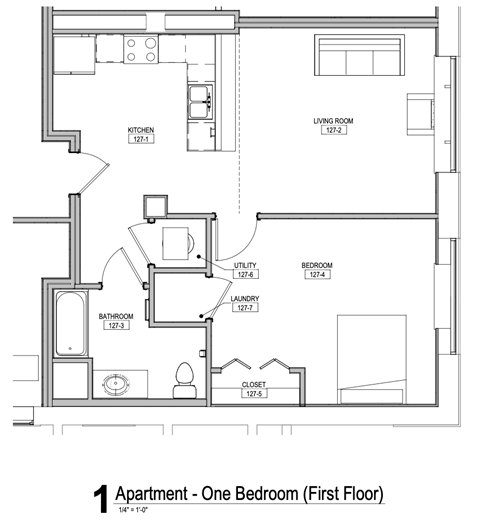 A floor plan of a one bedroom apartment on the first floor.